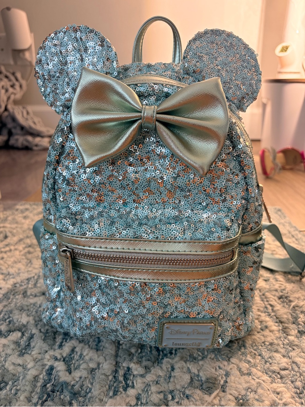 Disney Parks Loungefly Frozen Arendelle Aqua Sequin Minnie Ears Backpack